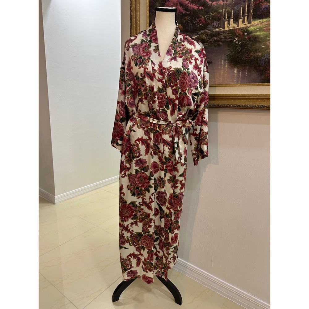 Dentelle Vintage Floral Maxi Robe Satin Wrap Long Kimono Made in USA Large - Picture 2 of 10